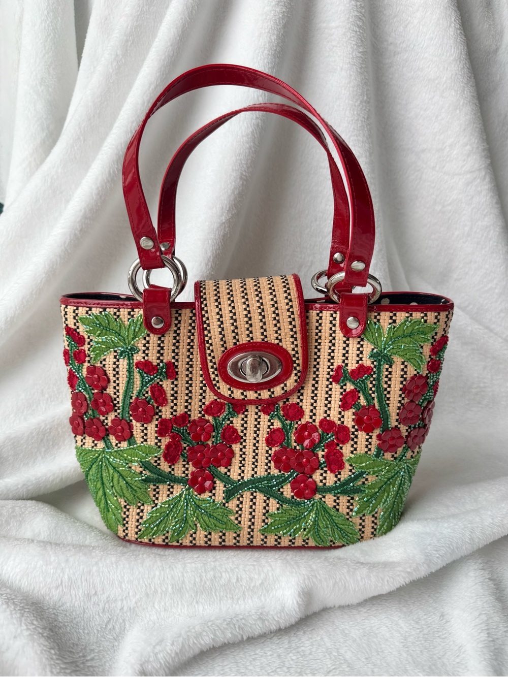 Vintage Isabella Fiore Woven and Red Floral Bag
